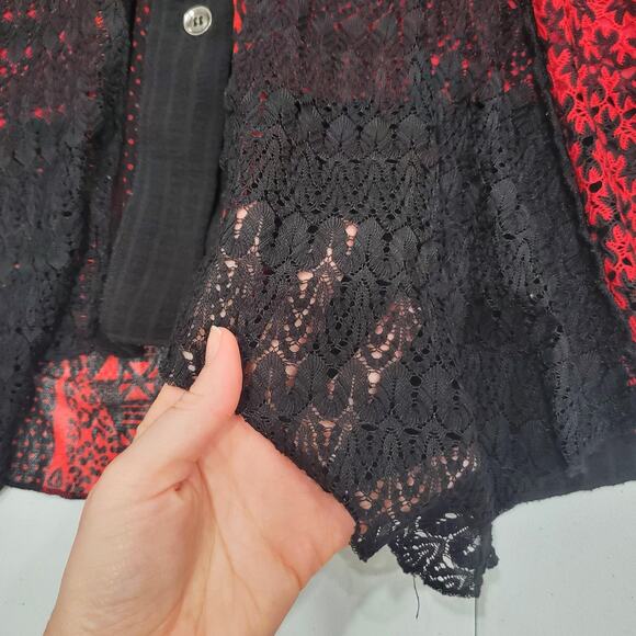 Caleoas Shirt Womens XL Red Black Lace Sheer Tunic Button Front 3/4 Sleeve Boho - Picture 4 of 8